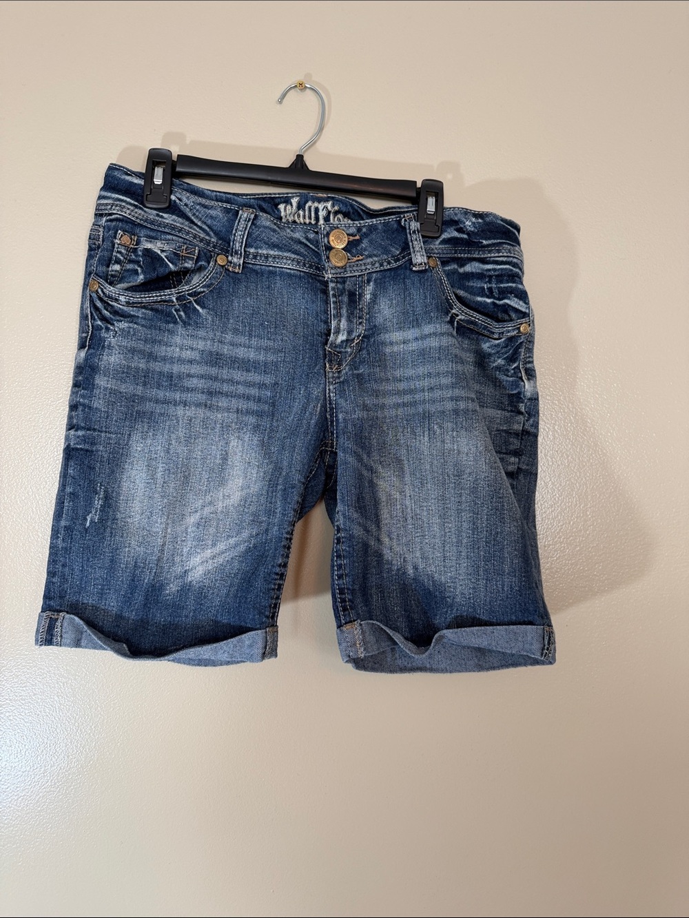 Wallflower Distressed Dark Blue Denim Roll-Cuff Shorts